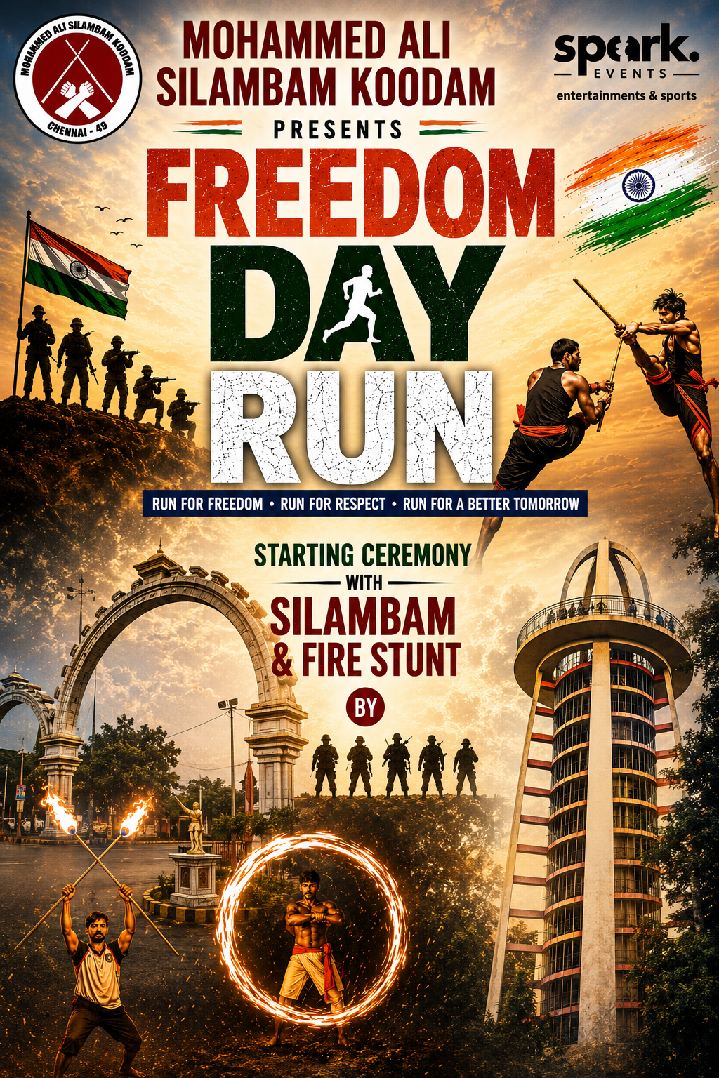 FREEDOM DAY 3KM RESPECT RUN FOR SOLDIERS BY MOHAMMED ALI SILAMBAM KOODAM , AUG 30 , 5AM - 6.30 AM , Nehru park ,chetpet.